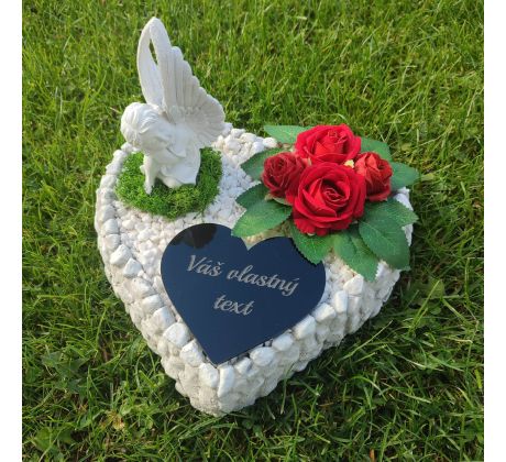 Srdce na hrob s anjelom a ružami - spomienková dekorácia s vlastným textom