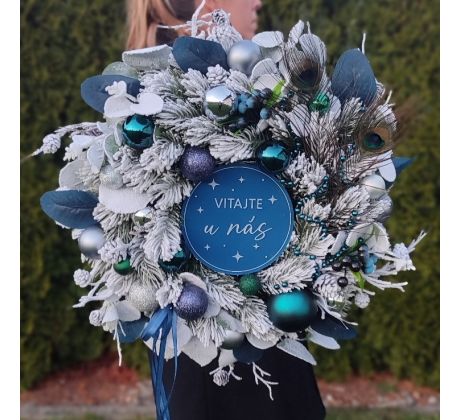 Zimný veniec Vitajte u nás - modro-strieborný